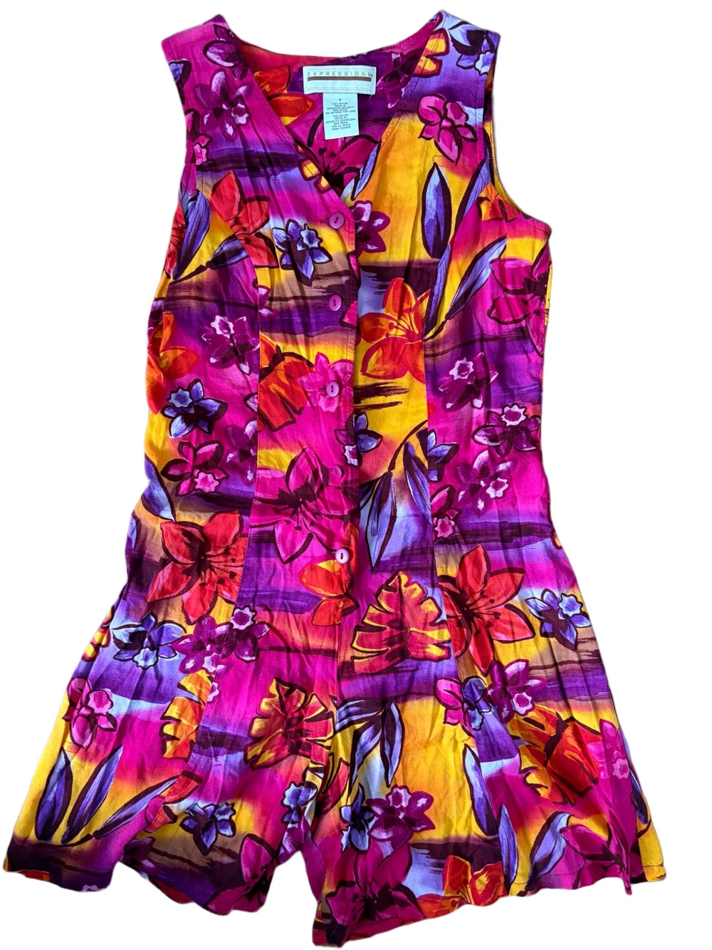 Expressions Vibrant Pink, Yellow & Purple Floral Sleeveless Romper